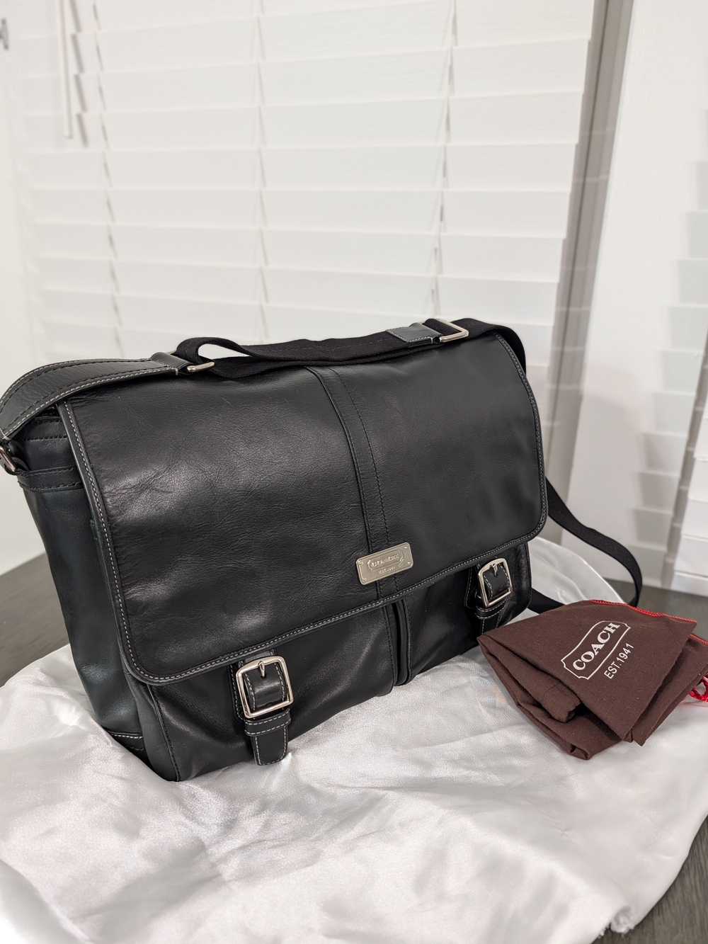 Coach Black Leather Messenger Bag with Buckle Accents Dustbag F70296